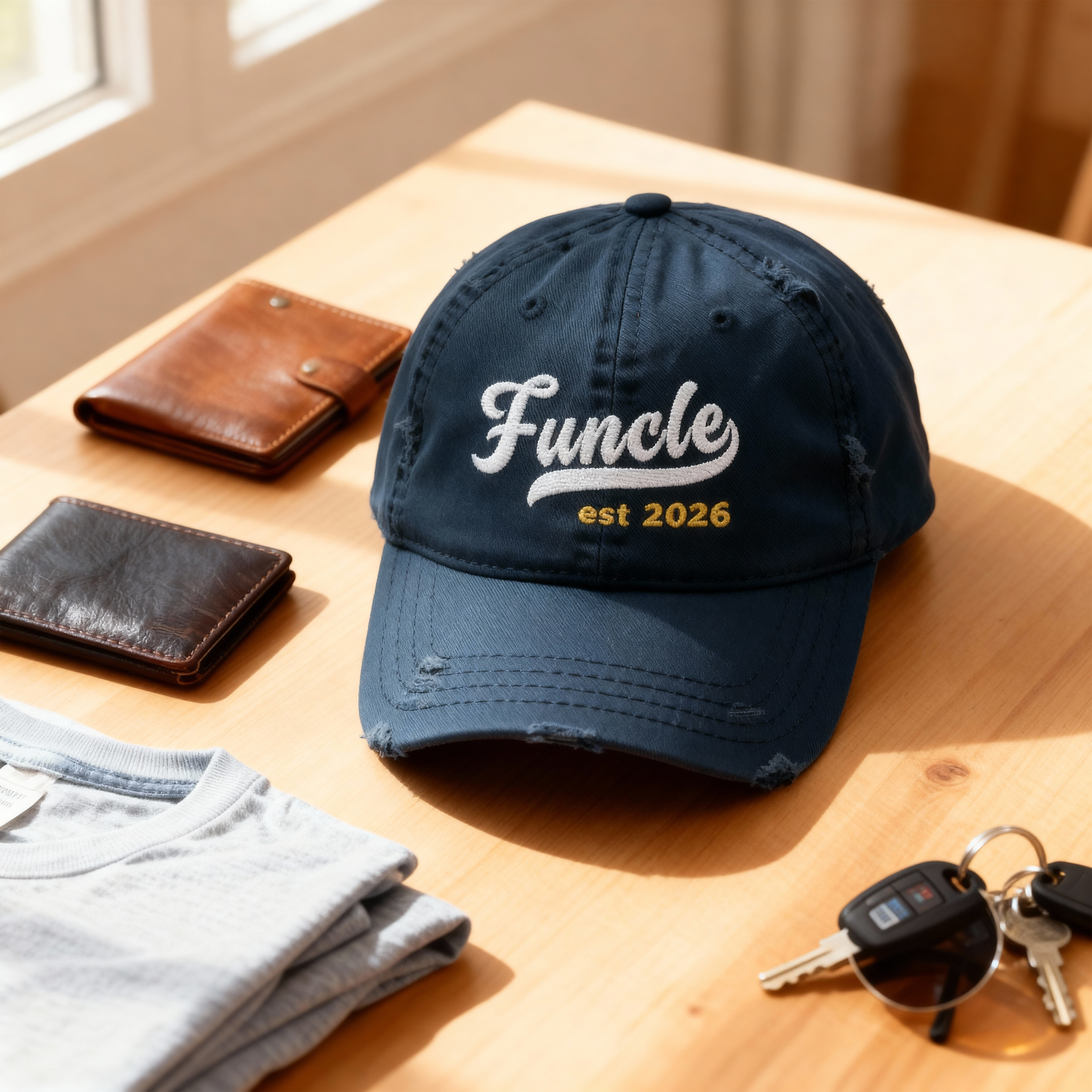 Featured mockup of a personalized Funcle hat with front embroidery and a distressed dad-hat finish.