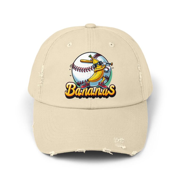 Black banana baseball hat with a cartoon banana character and baseball-themed front decoration.