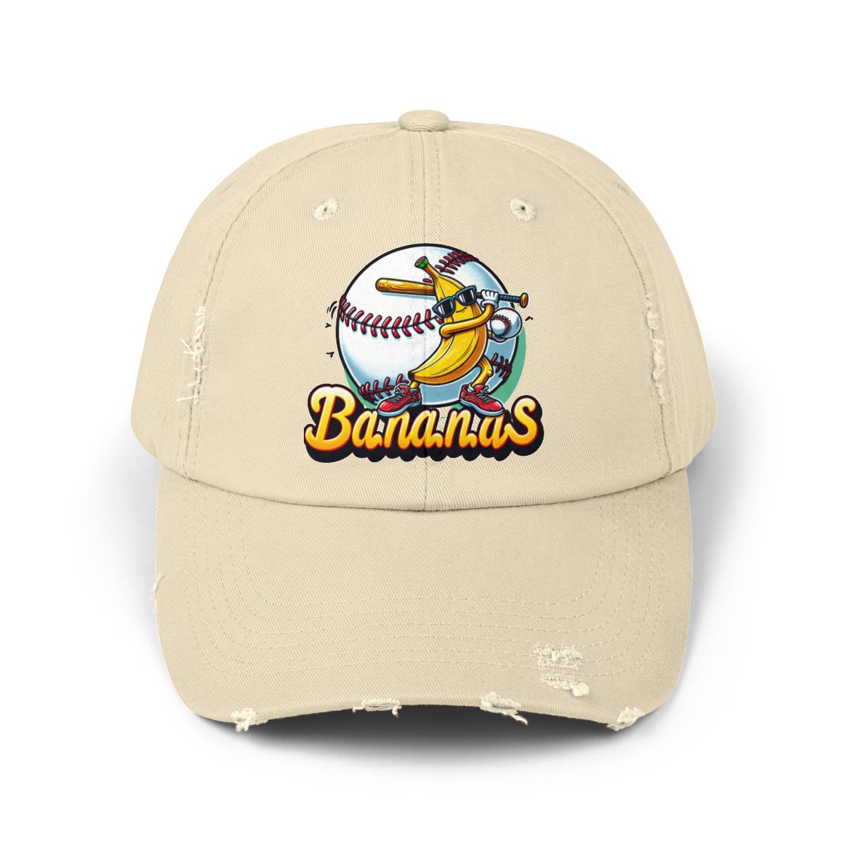 Black banana baseball hat with a cartoon banana character and baseball-themed front decoration.