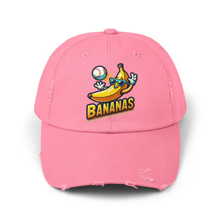 Front view of a black distressed Bananas baseball hat with a cartoon banana character and baseball graphic.