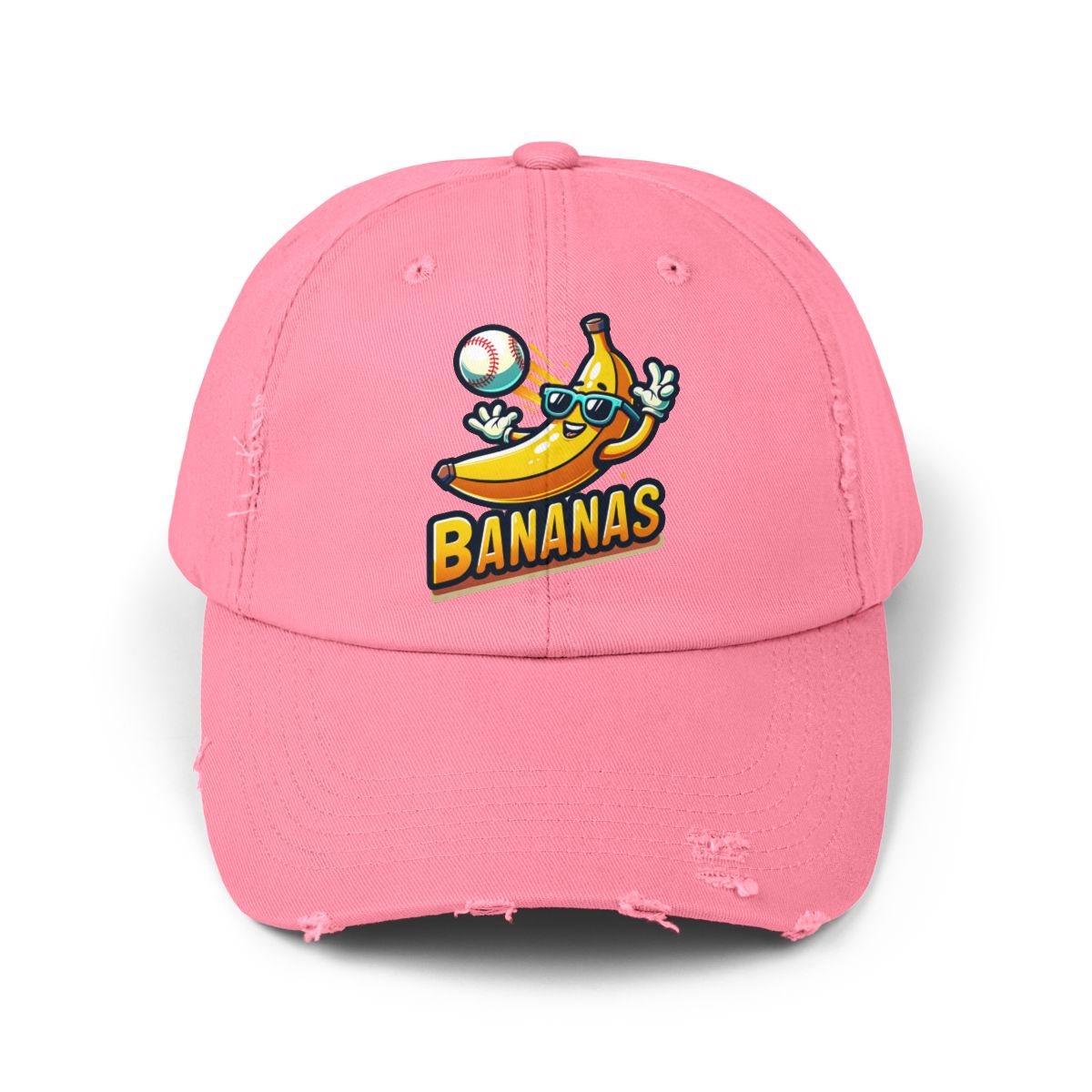Front view of a black distressed Bananas baseball hat with a cartoon banana character and baseball graphic.