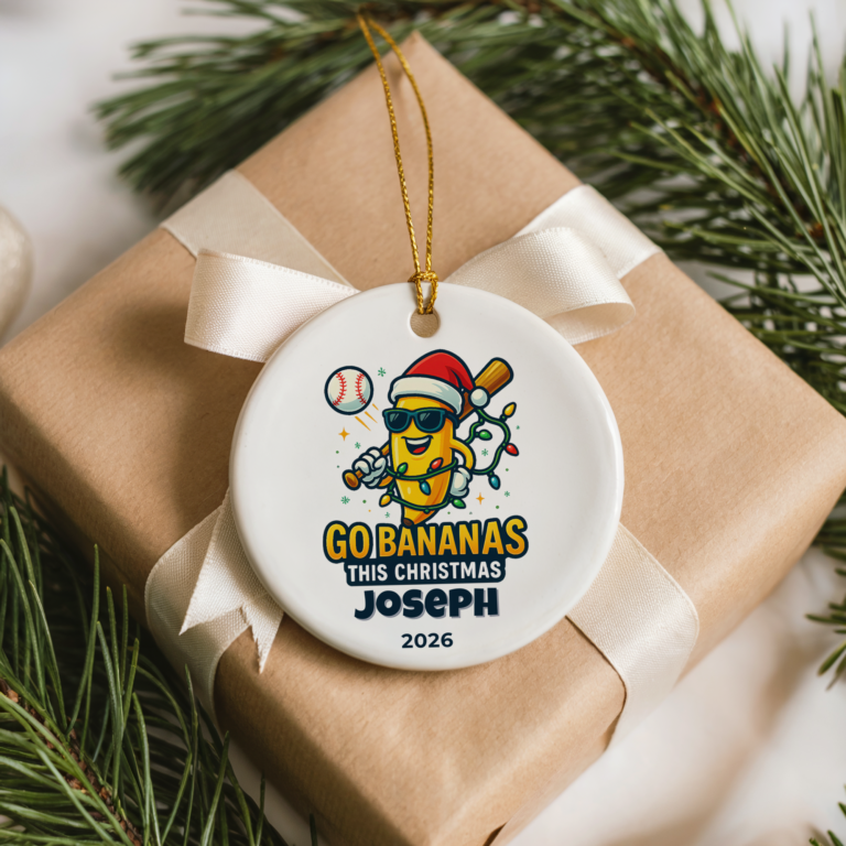 Funny Christmas baseball ornament featuring an illustrated banana character in a Santa hat with baseball-themed details