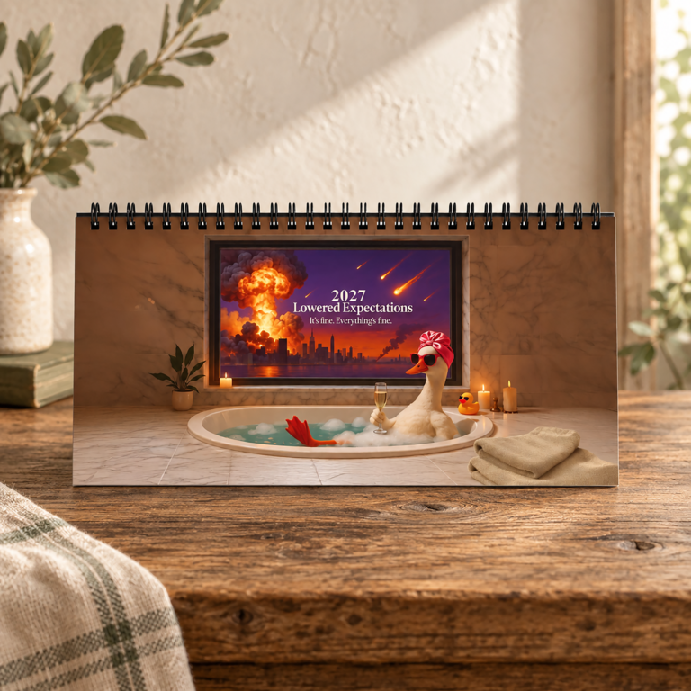Funny 2027 desk calendar with goose-themed apocalyptic humor, spiral binding, and a landscape month grid