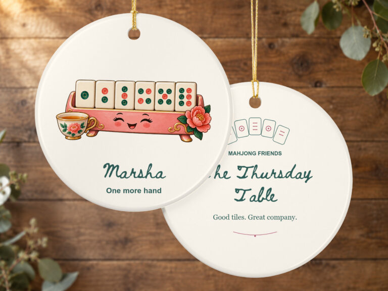 Personalized mahjong ornament with a cheerful tile rack, teacup, floral details, and personalized text on a round ceramic design.