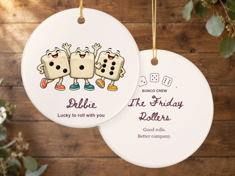 Personalized Bunco ornament with cheerful dice artwork, recipient name, group name, and gold hanging string