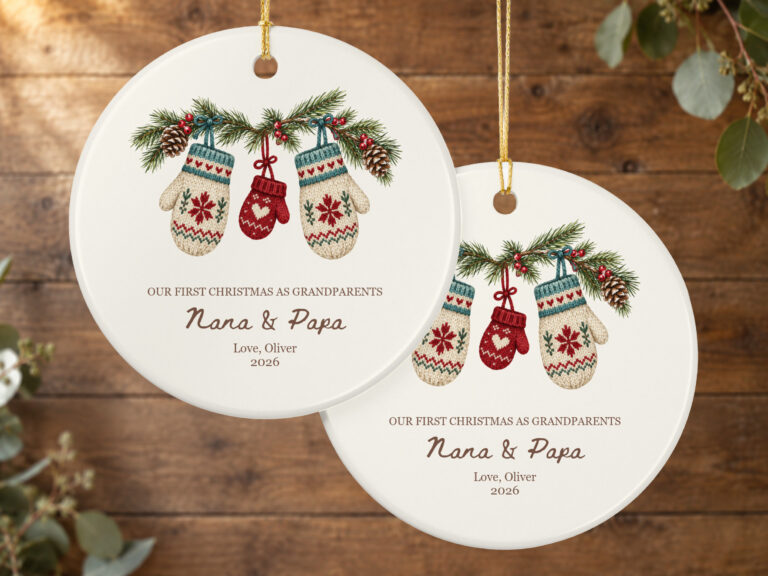 Personalized grandparents Christmas ornament with mitten and evergreen holiday artwork on a round ceramic ornament