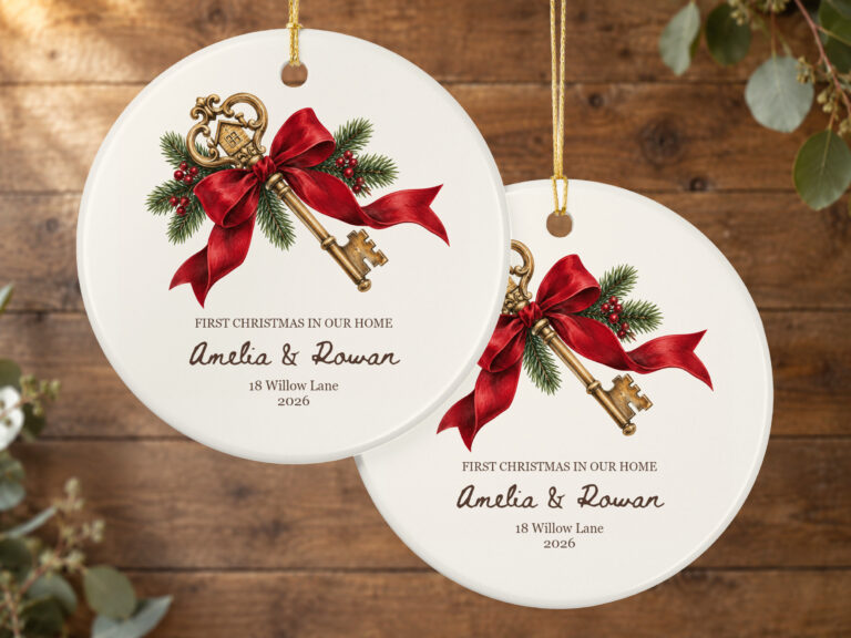 Personalized first Christmas in our home ornament featuring a key, red bow, evergreen accents, and red berries.