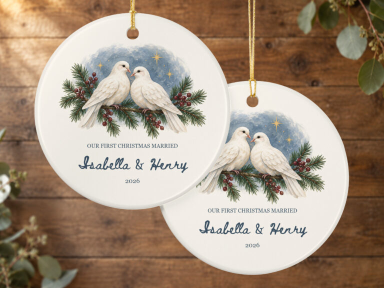 Personalized married Christmas ornament with two white doves, evergreen branches, red berries, names, and a four-digit year
