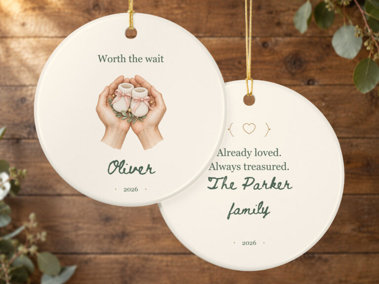 Personalized baby keepsake ornament with hands holding baby booties, printed sentiment, decorative details, and gold hanging string