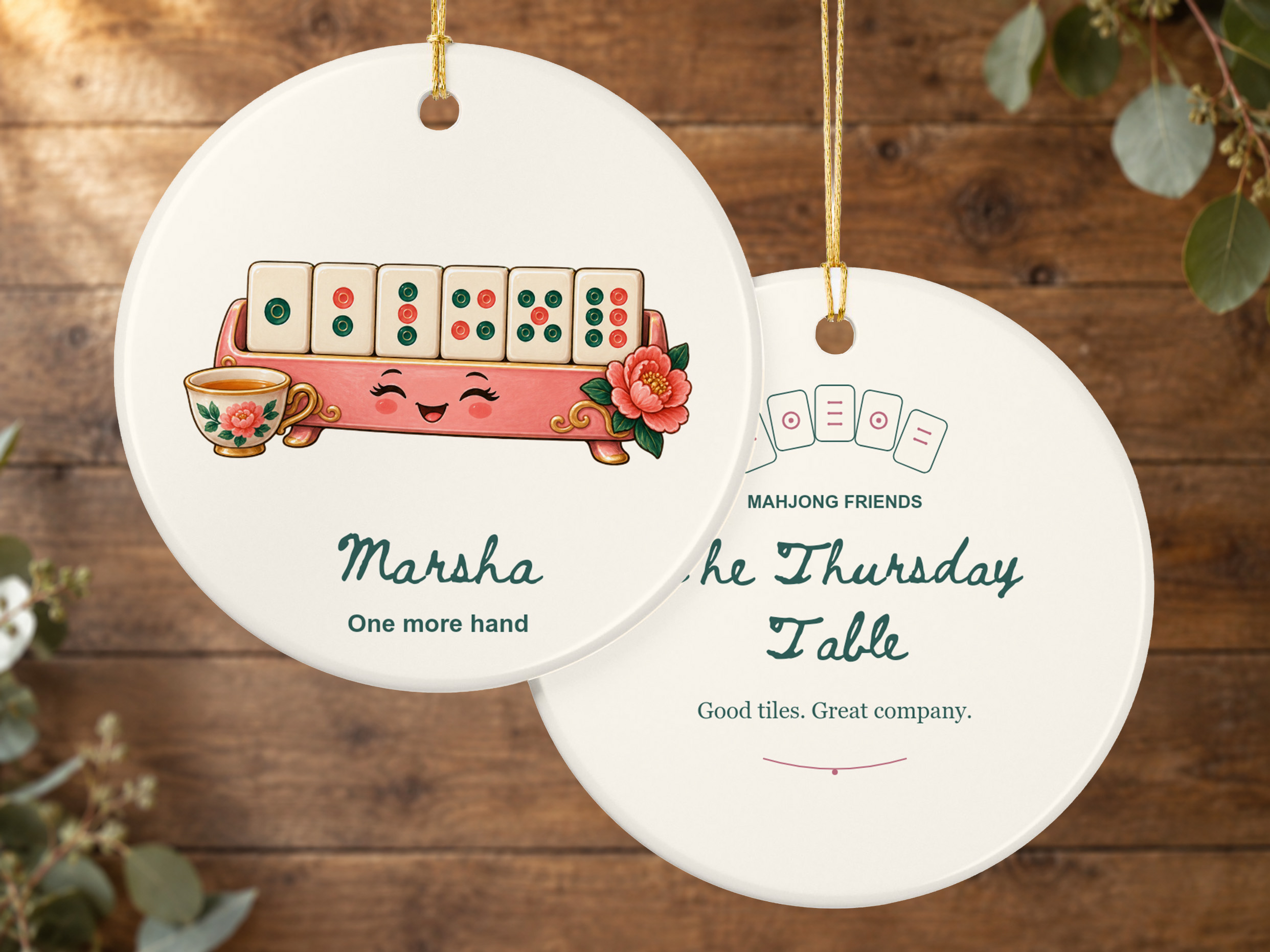 Mahjong ceramic ornament with illustrated tile rack, floral teacup, flowers, leaves, and gold hanging string