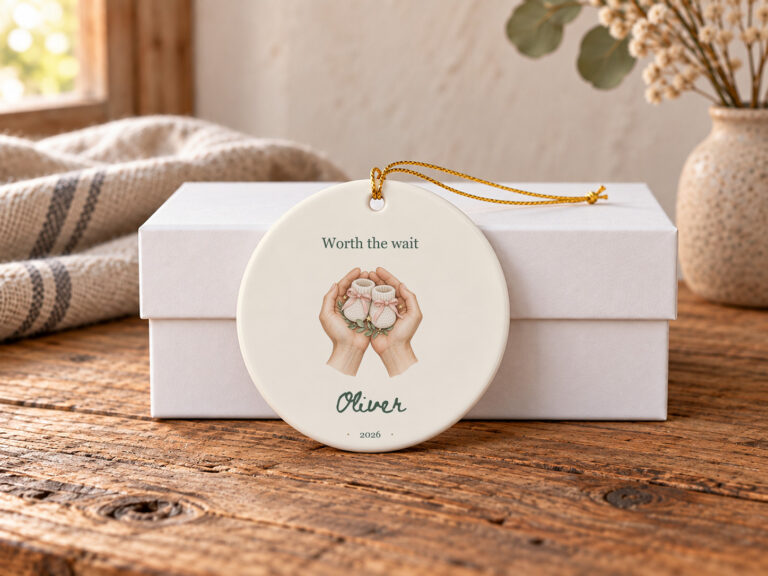 Personalized baby booties ornament with illustrated hands cradling baby booties and Worth the wait lettering