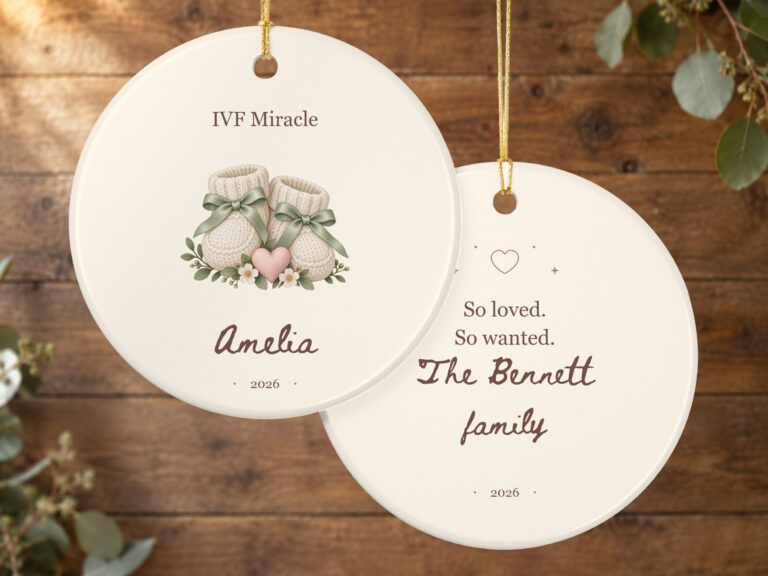 Personalized IVF miracle ceramic ornament with baby booties, bows, heart, flowers, and the message So loved. So wanted.