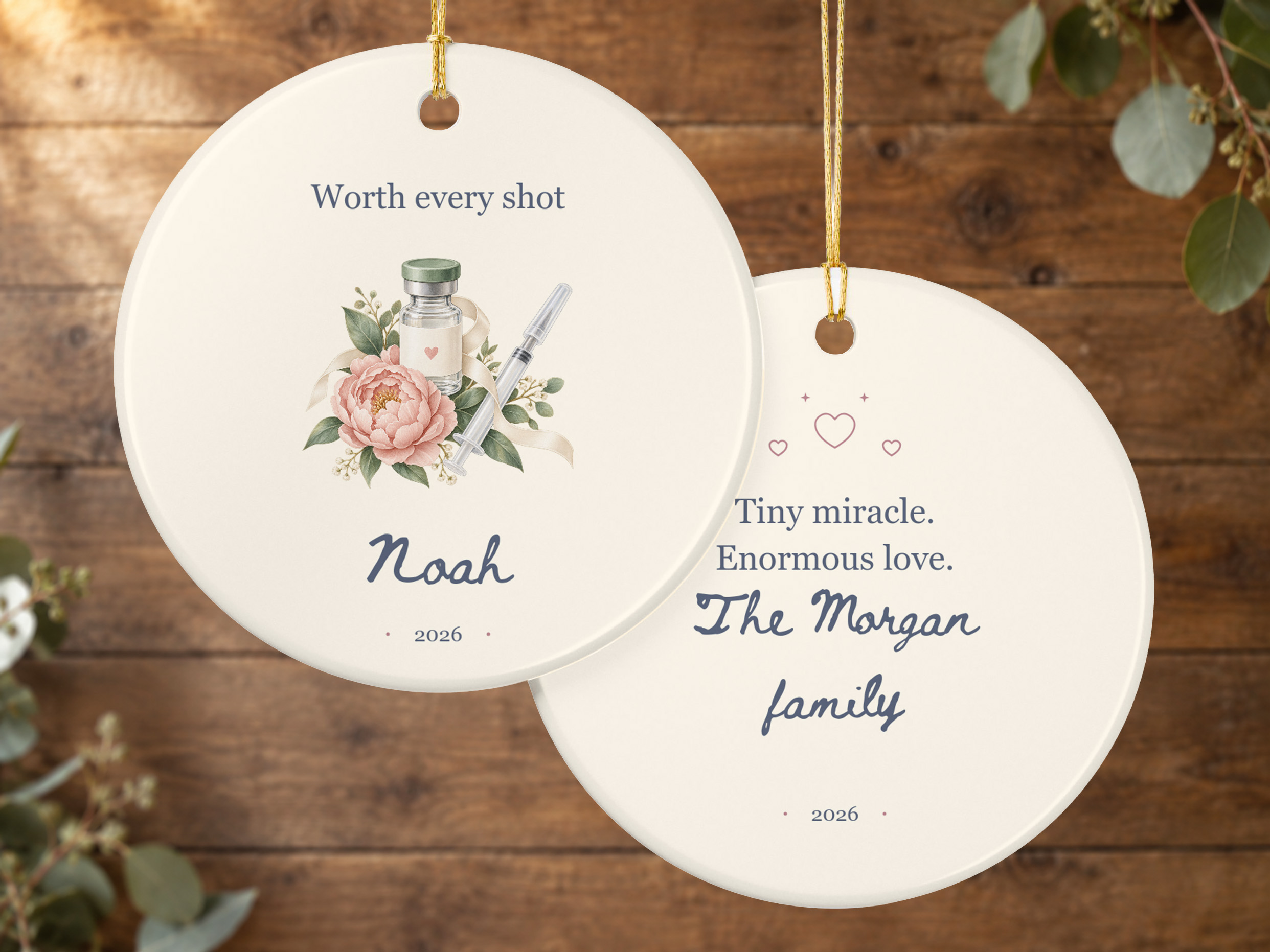 Fertility treatment ceramic ornament with a delicate floral illustration, medication vial, syringe, and heartfelt lettering