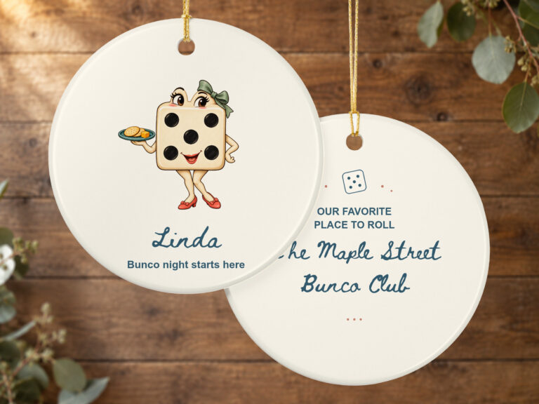 Bunco game night ornament with an illustrated die character on a round ceramic design printed on both sides