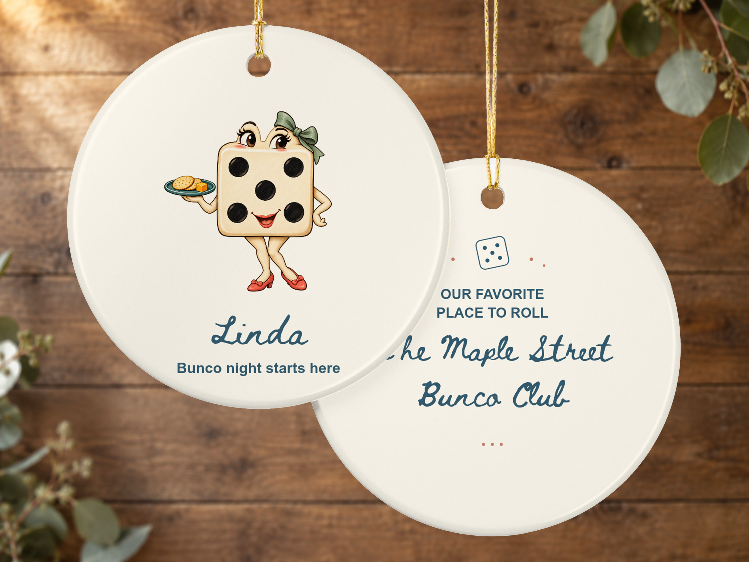 Bunco game night ornament with an illustrated die character on a round ceramic design printed on both sides