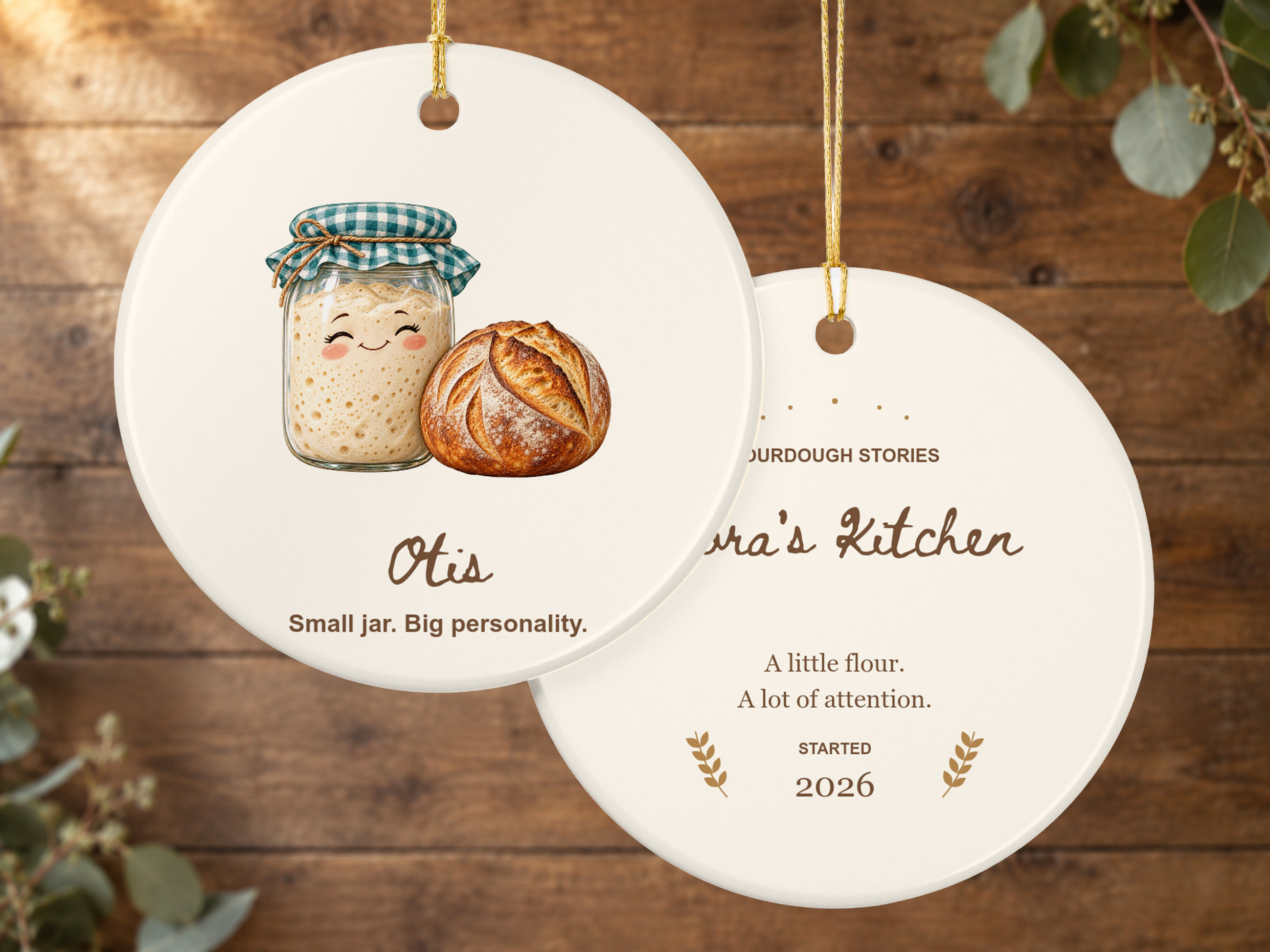 Personalized sourdough starter Christmas ornament with a smiling starter jar and artisan bread design