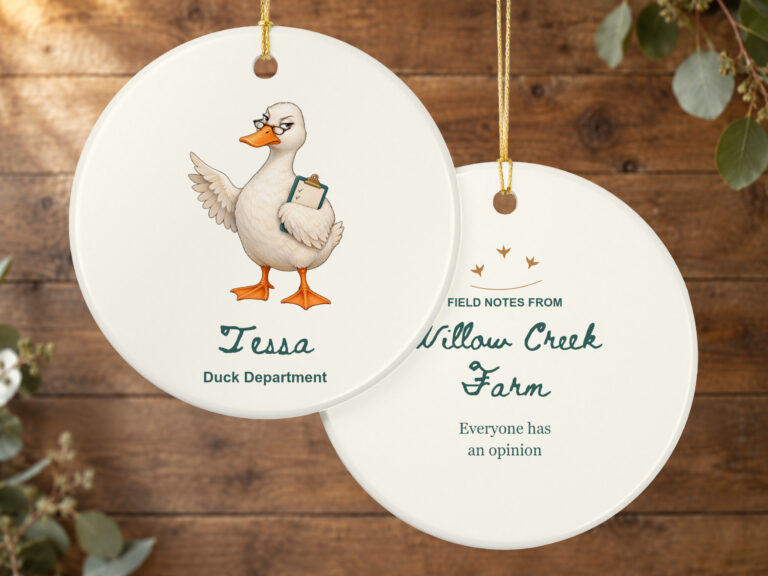 Duck lover Christmas ornament featuring an illustrated white duck holding a clipboard with Duck Department wording