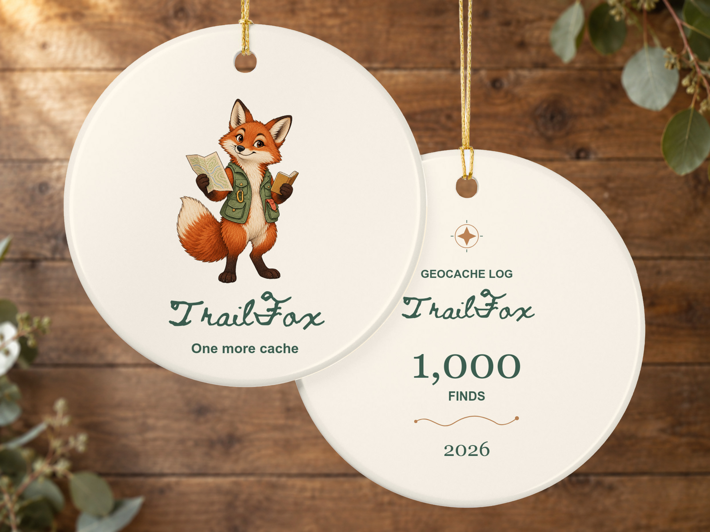 Personalized geocaching Christmas ornament featuring an illustrated fox and “One more cache” artwork