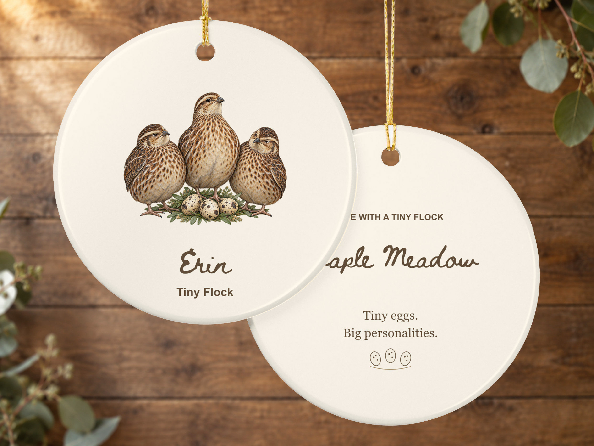 Quail Christmas tree ornament featuring three illustrated Coturnix quail, speckled eggs, greenery, and Tiny Flock wording