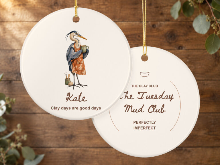 Personalized pottery Christmas ornament with a whimsical heron, pottery tools, mug, and customizable wording on both sides