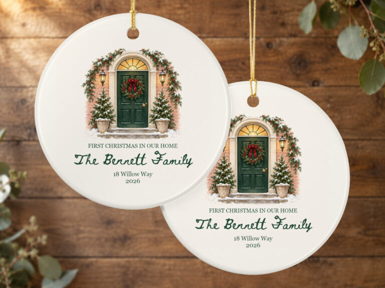 Christmas doorway ceramic ornament with a decorated evergreen front door and FIRST CHRISTMAS IN OUR HOME message