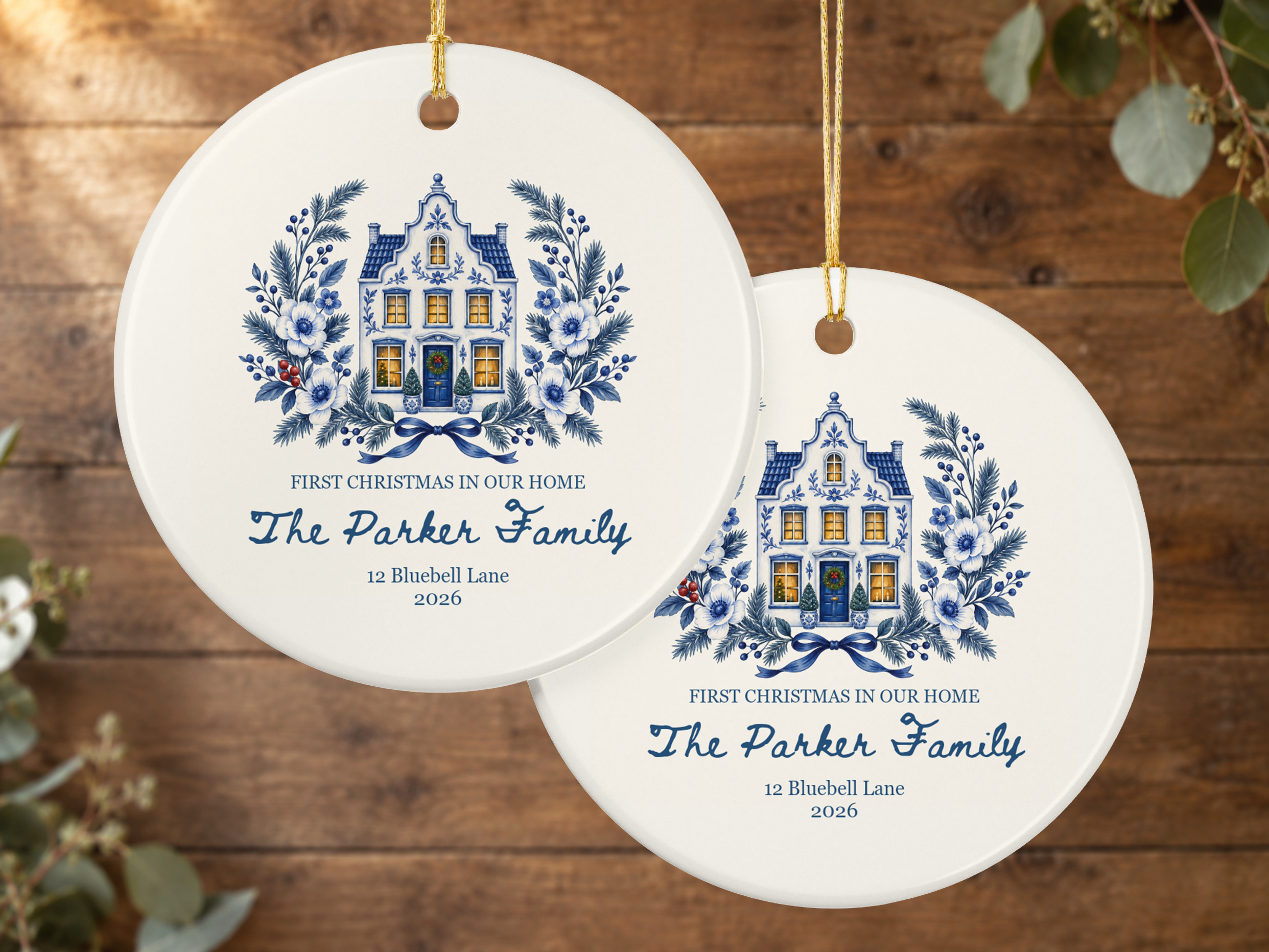 Personalized Delft blue house Christmas ornament with FIRST CHRISTMAS IN OUR HOME wording and gold hanging string