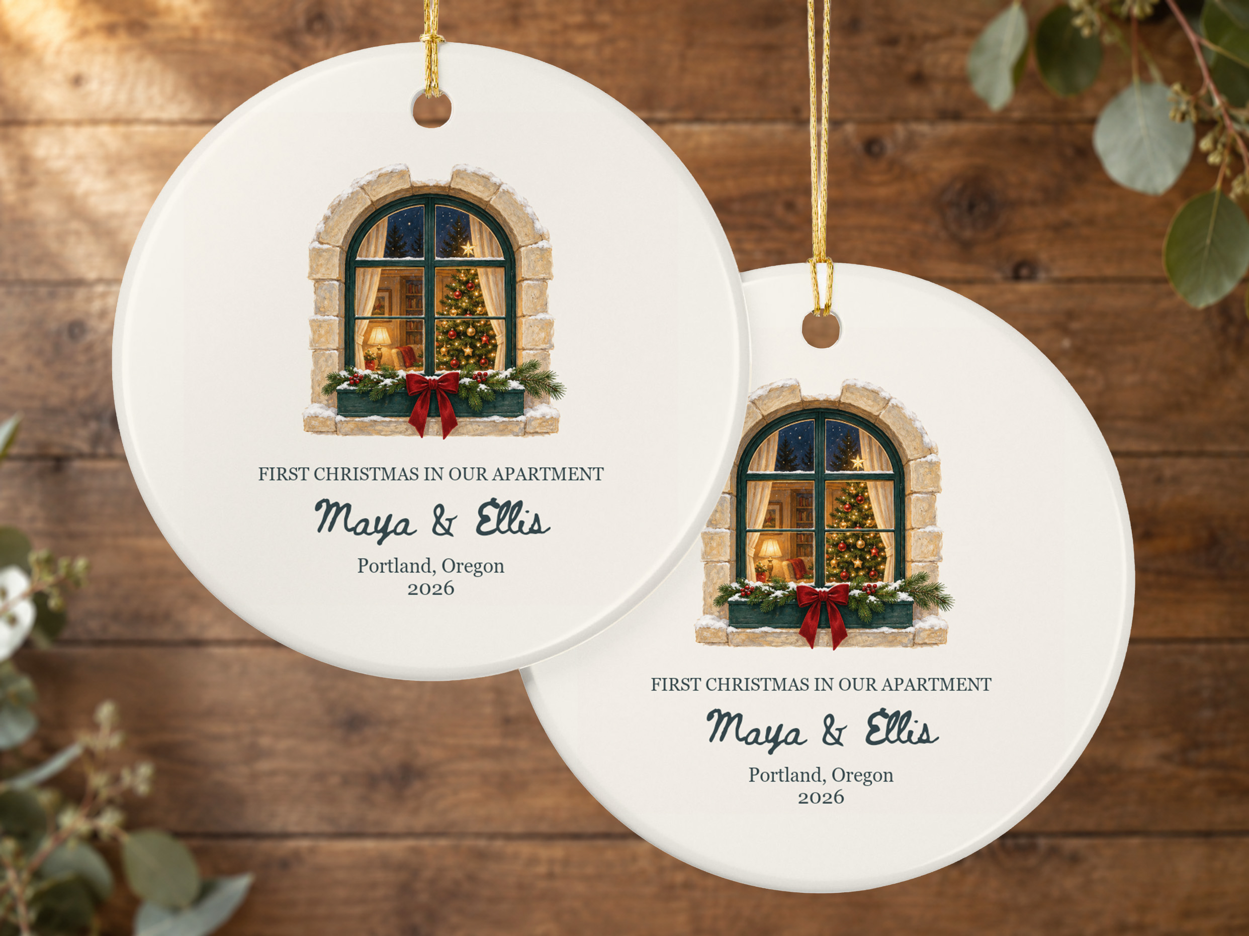 Personalized first Christmas in our apartment ornament with a ceramic window scene, Christmas tree, greenery, bow, and gold hanging string