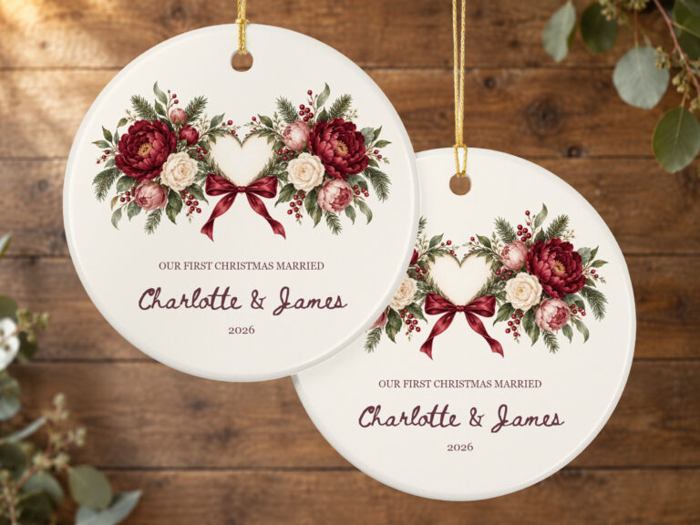 Floral heart married Christmas ornament with a romantic floral illustration and bow on a round white ceramic ornament