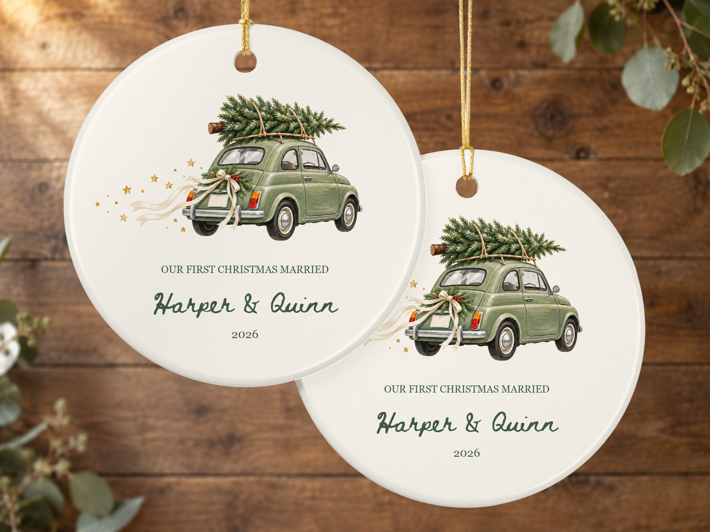 Vintage getaway car married Christmas ornament featuring a green car carrying a Christmas tree