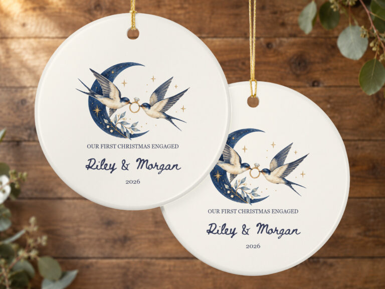 Engaged Christmas ceramic ornament featuring two swallows carrying an engagement ring beneath a crescent moon and stars