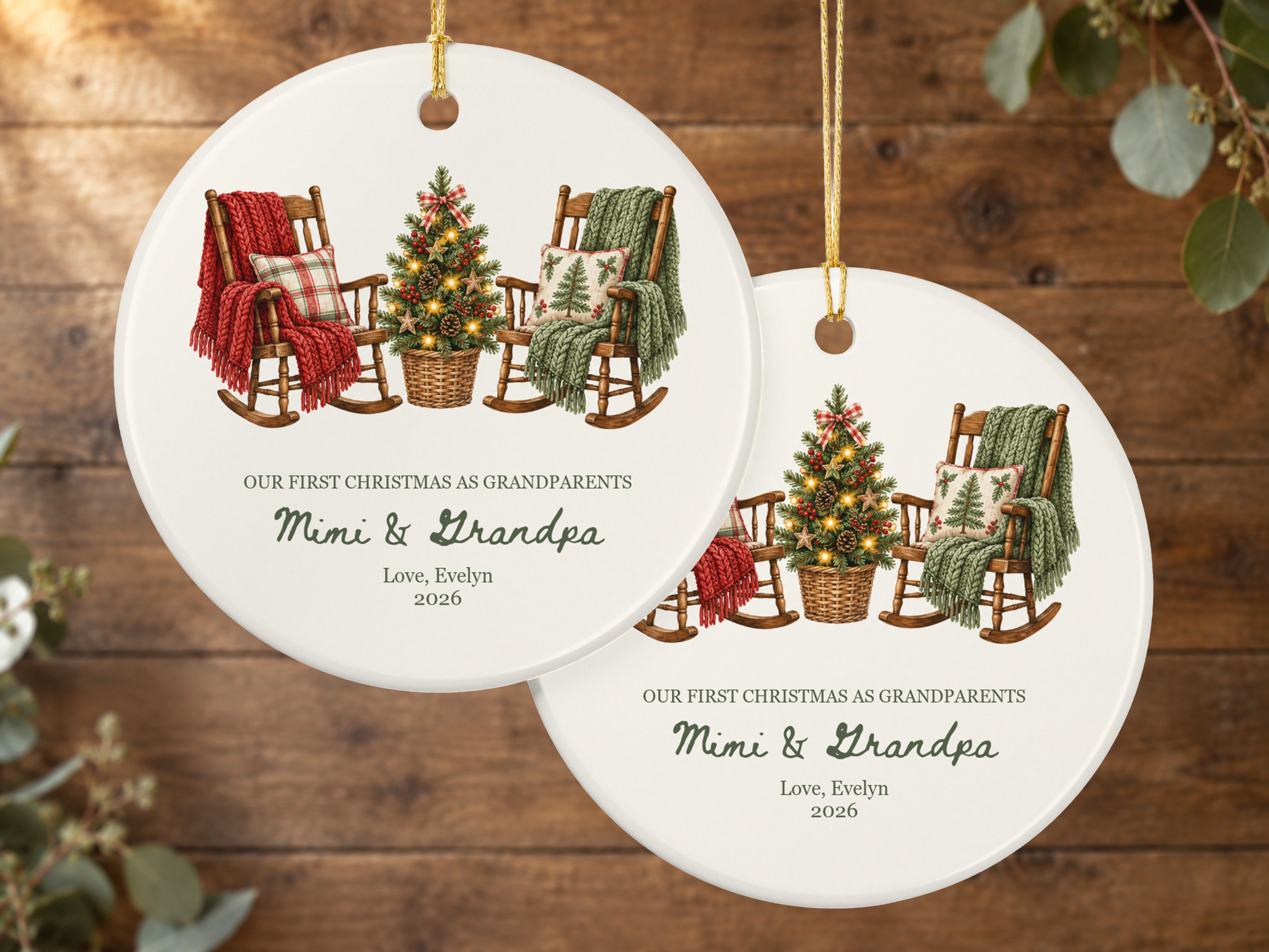 Rocking chair grandparents Christmas ornament with a decorated tree and cozy watercolor-style holiday artwork