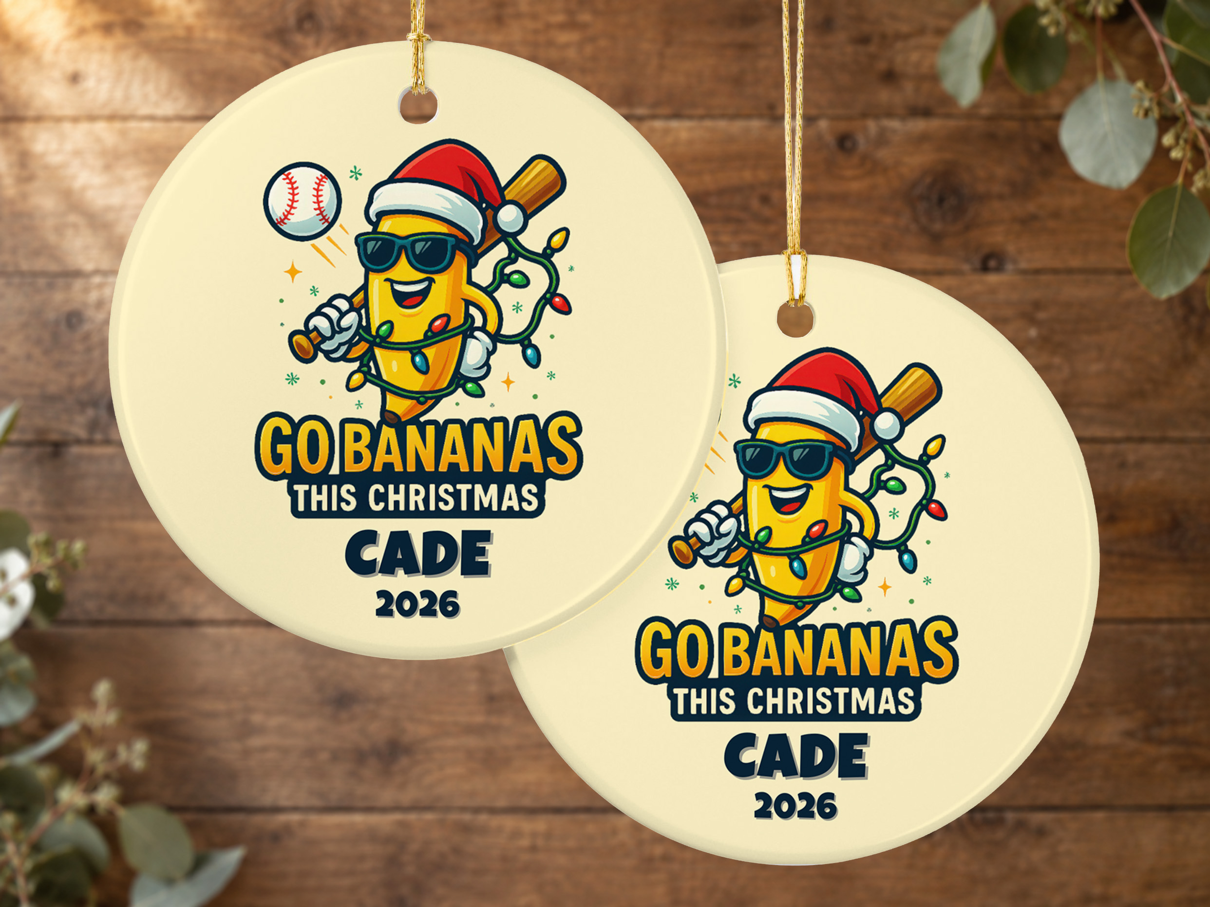 Personalized banana baseball holiday ornament with a festive banana character, baseball bat, Santa hat, and holiday lights