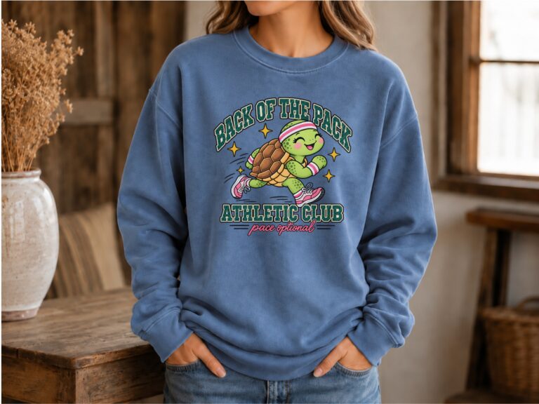 Retro turtle athletic sweatshirt featuring a cartoon turtle in a playful running-club graphic