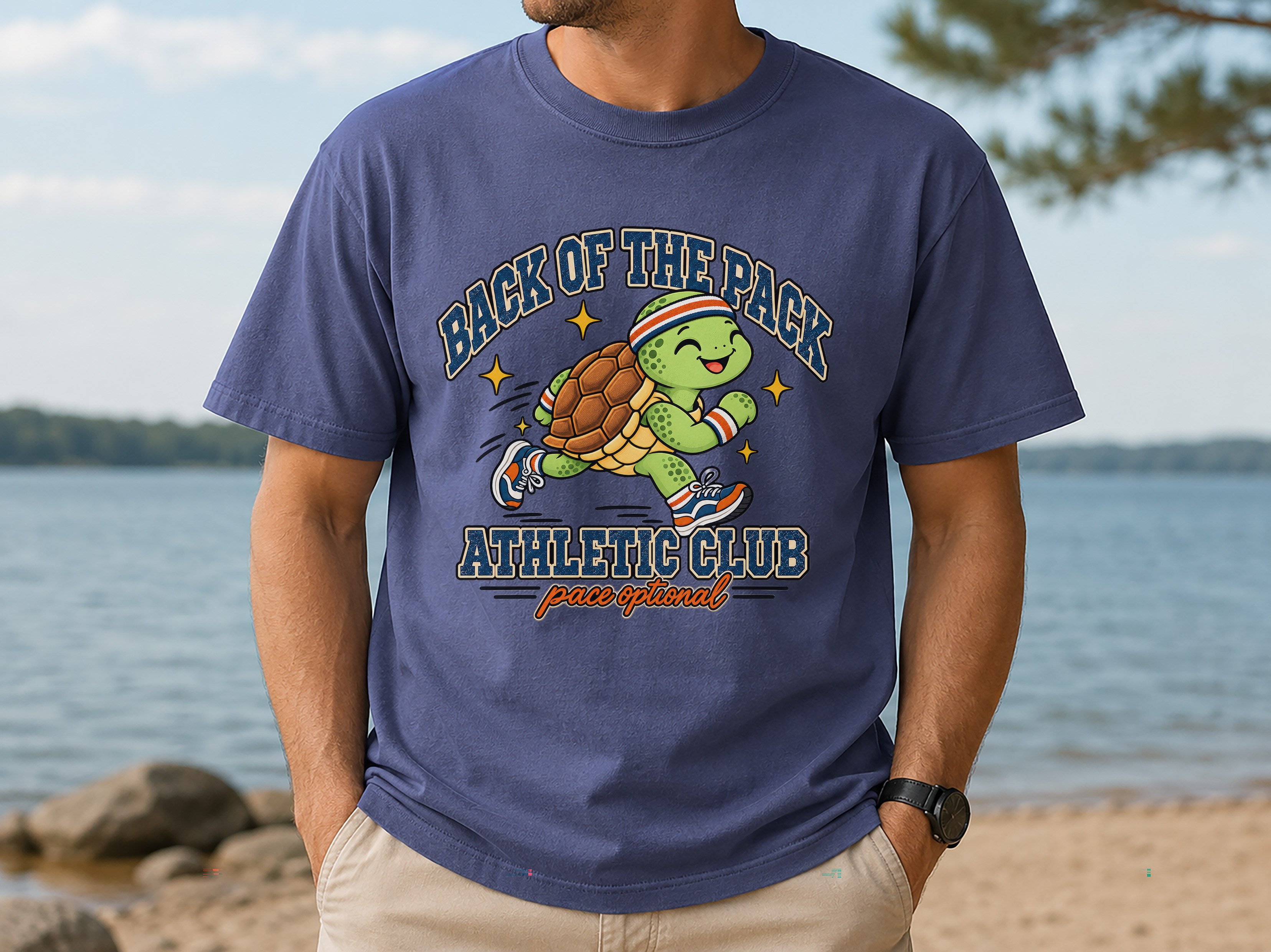 Back of the pack turtle graphic tee featuring a running turtle in retro athletic accessories