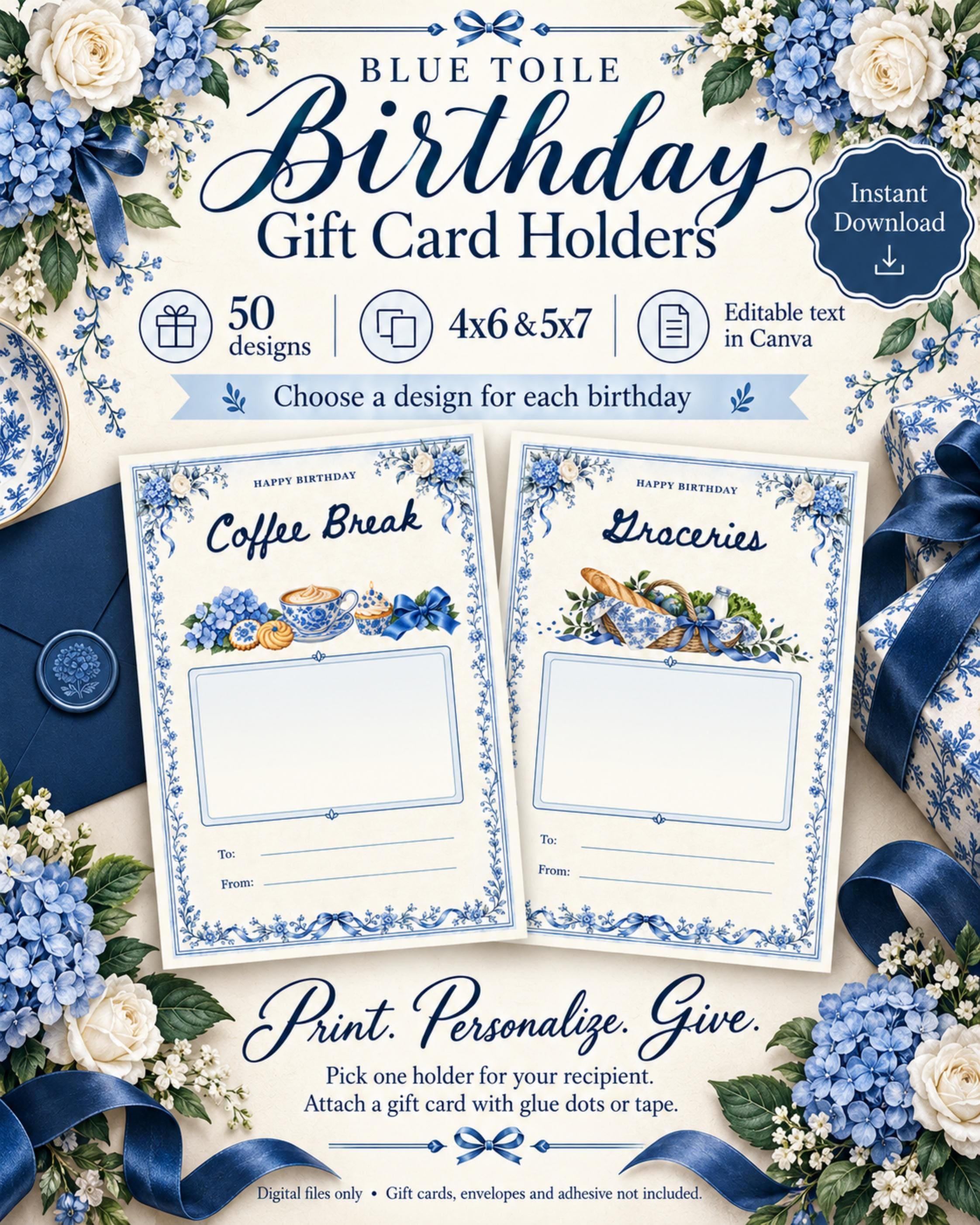 Birthday Gift Card Book Printable, 50 Editable Canva Templates, Blue Toile, 4x6 & 5x7