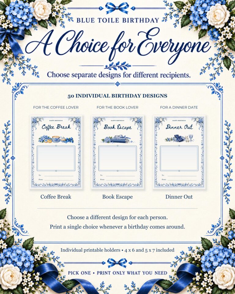 Birthday Gift Card Book Printable, 50 Editable Canva Templates, Blue Toile, 4x6 & 5x7