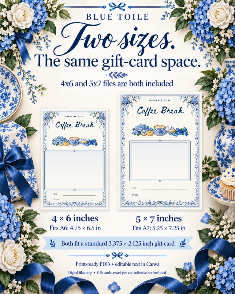 Birthday Gift Card Book Printable, 50 Editable Canva Templates, Blue Toile, 4x6 & 5x7