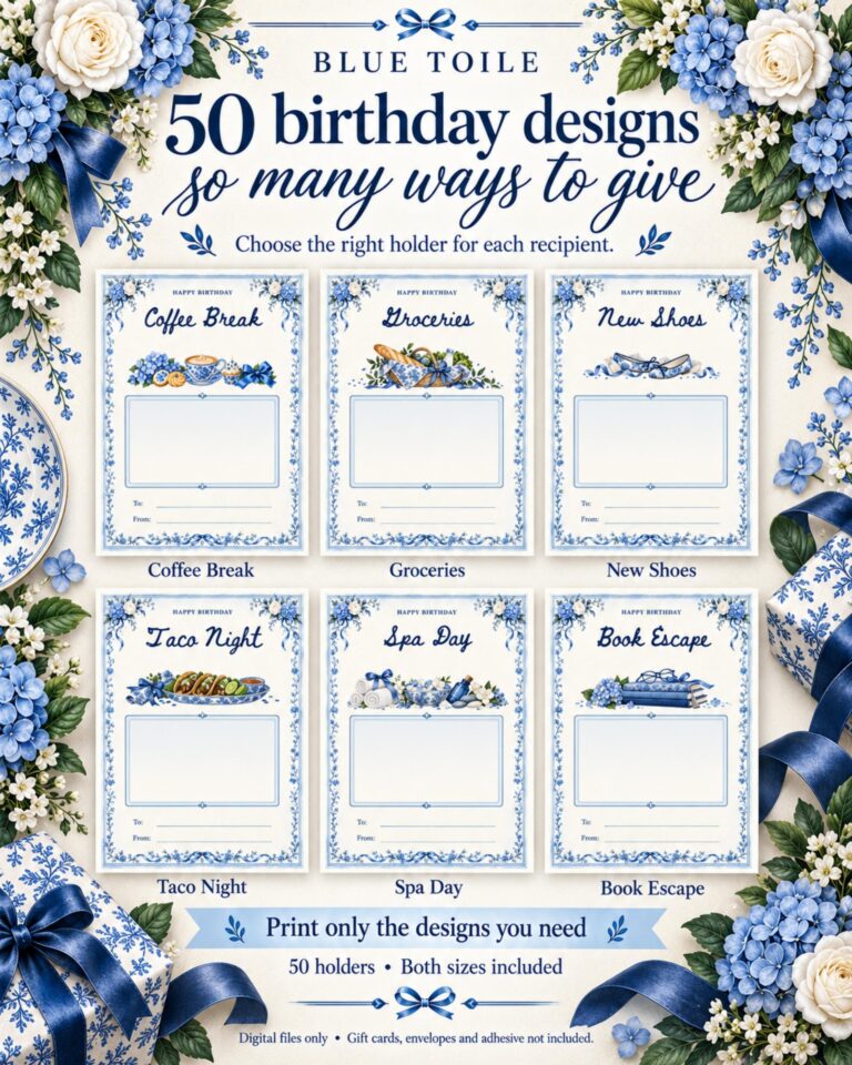 Birthday Gift Card Book Printable, 50 Editable Canva Templates, Blue Toile, 4x6 & 5x7