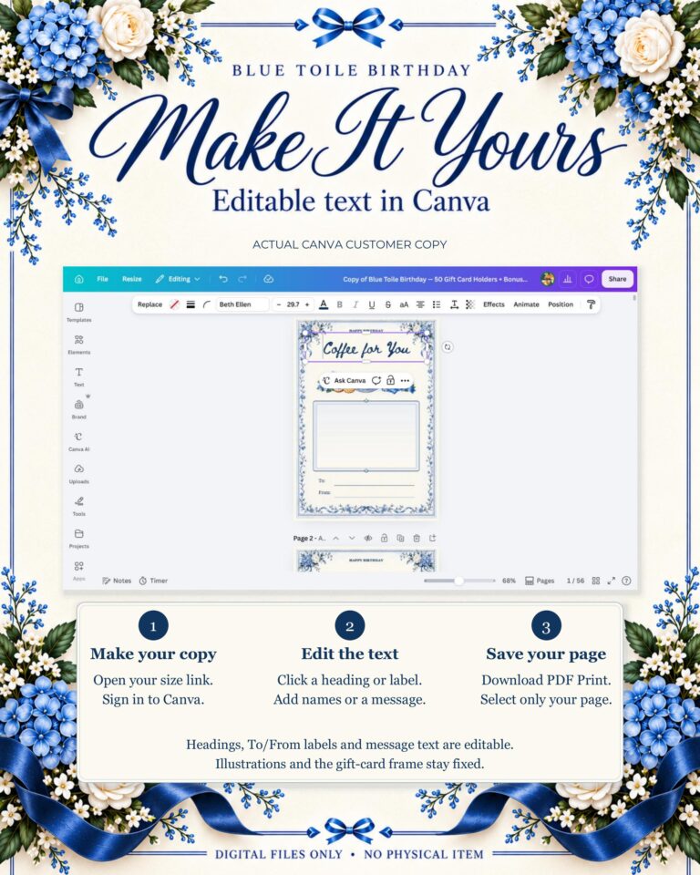 Birthday Gift Card Book Printable, 50 Editable Canva Templates, Blue Toile, 4x6 & 5x7